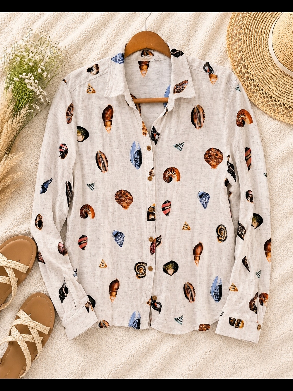 Jane + Delancey Seashell Print Linen Blend Shirt XL